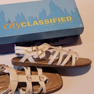 New City Classified Strappy Slingback Sandals White Faux Leather .5"  Flat Heel